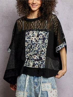 NS84.POL Boho Floral Patchwork Black Lace Oversized Top